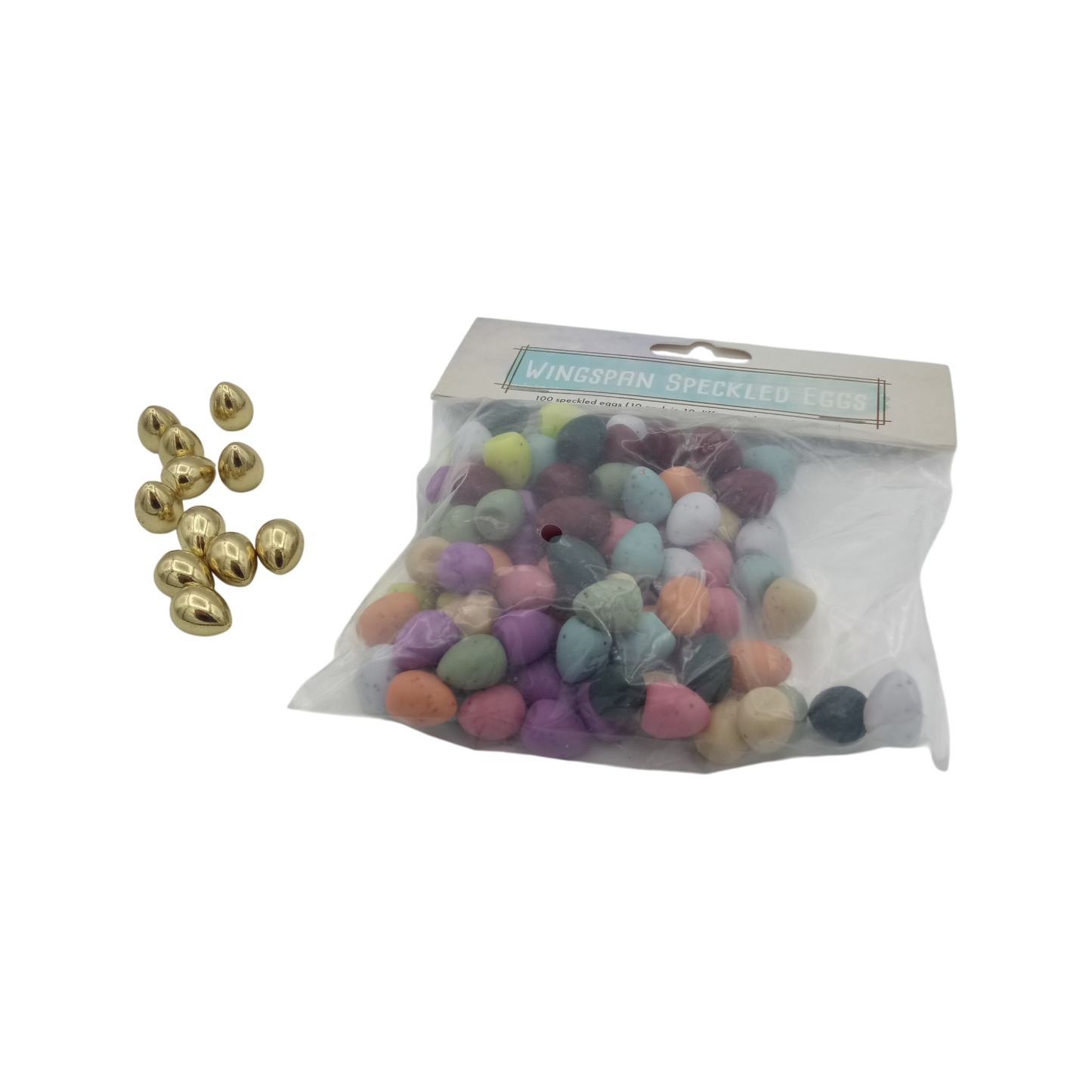 Wingspan Combi-Set speckled plastic and golden metall eggs