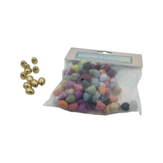 Flügelschlag Kombiset gesprenkelte Eier und goldene Eier aus Metall