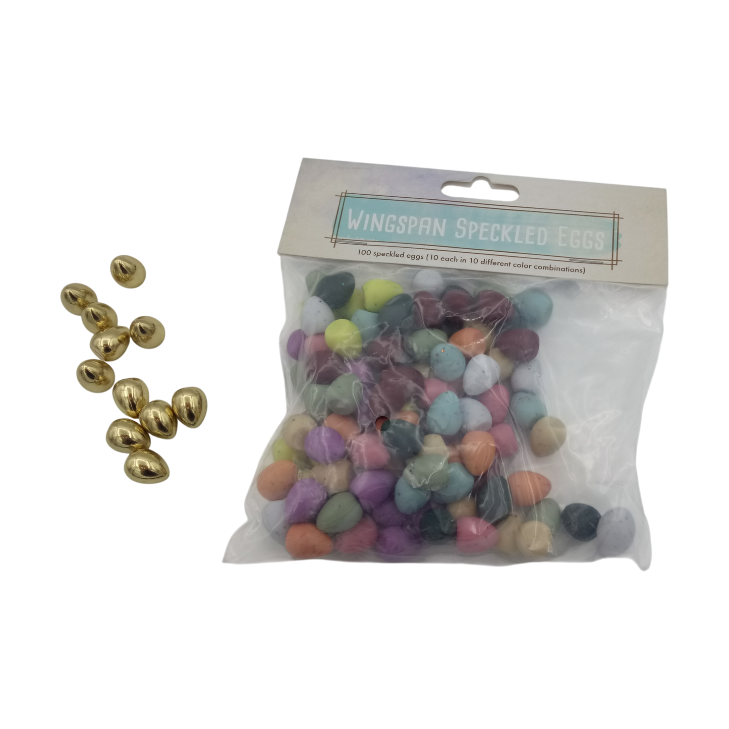 Wingspan Combi-Set speckled plastic and golden metall eggs