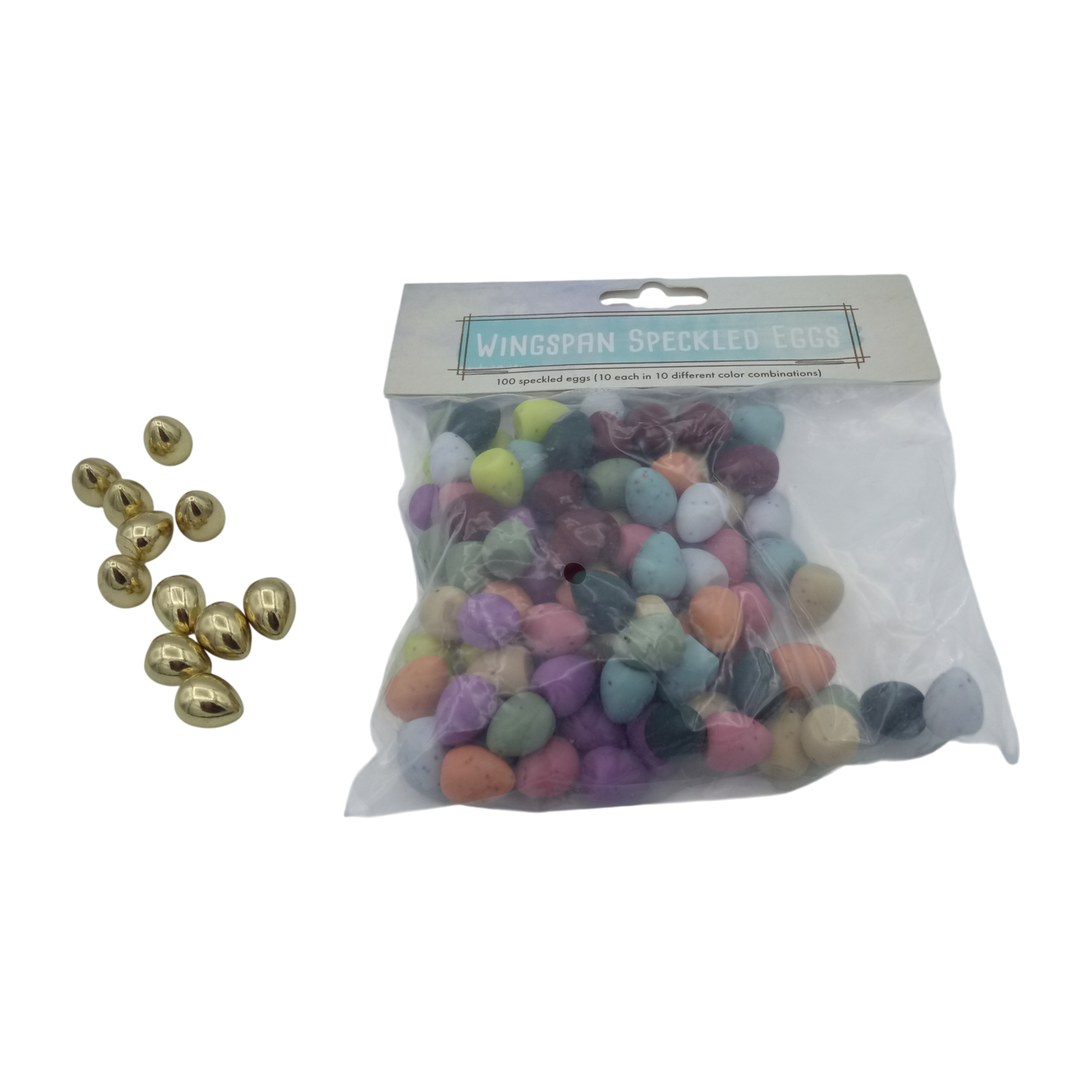 Wingspan Combi-Set speckled plastic and golden metall eggs